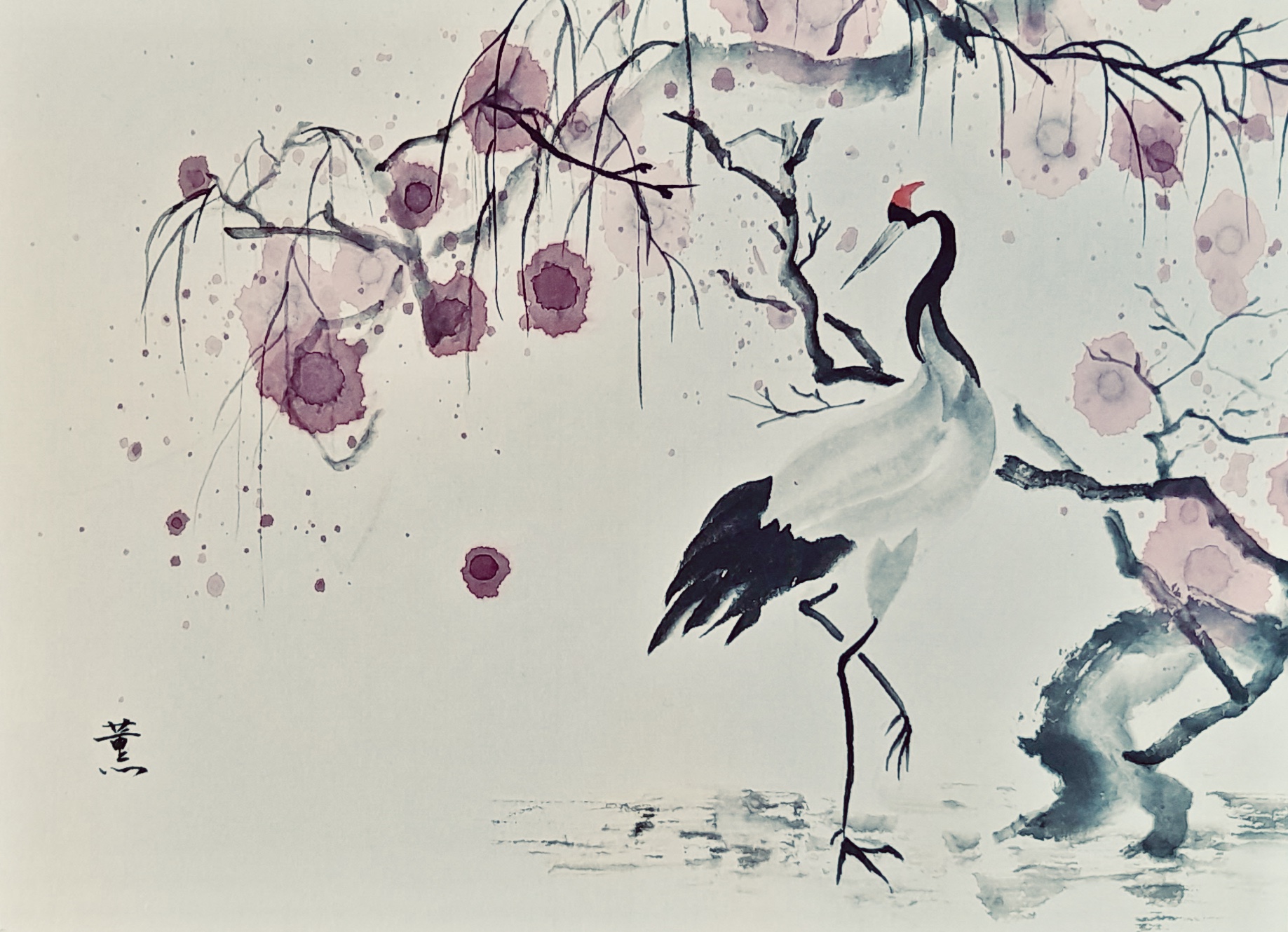 Sumi-e Christimas gift Japanese ink painting crane cherryblossom